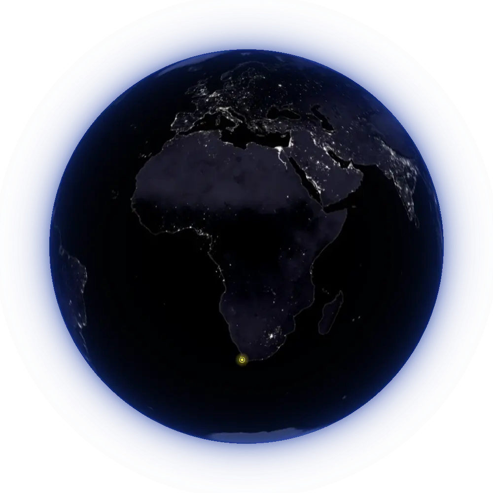 Africa at night from orbit, from NASA Black Marble imagery, with Uthando's verified records in gold